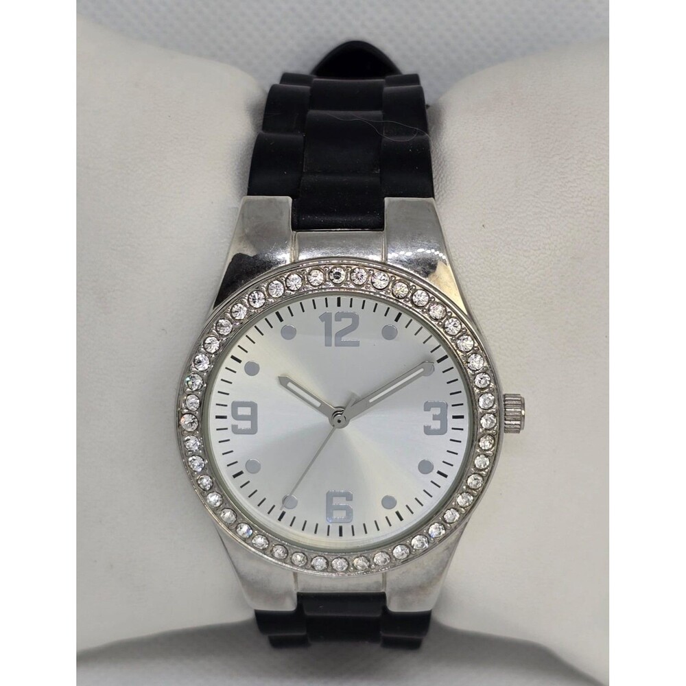 Women's Fashion Paved Bezel Silver Tone Case Dial Black Poly Band Analog Watch 5